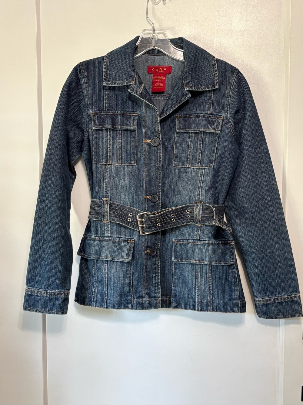 VTG Zena Belted Denim Jacket S Dark Wash Y2K Utility Grunge Trench Jean Coat